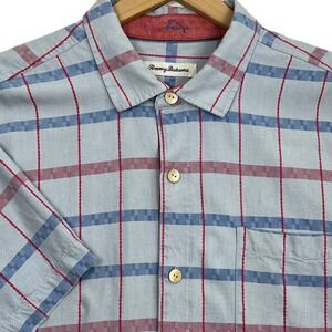 Tommy Bahama Mens Large 100% Silk Short Sleeve Button Down Plaid Shirt Blue Red